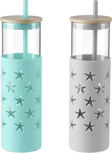 Vista 10 de Hyperspace Botella de agua de vidrio de 20 onzas con funda protectora de silicona y tapa de bambú, vasos de viaje con pajita, sin BPA