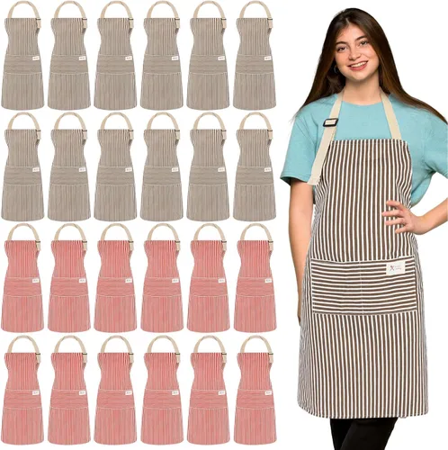 Vista 15 de Janmercy 24 delantales para mujeres y hombres con 2 bolsillos, delantal de cocina de lino, delantal ajustable para chef, delantales a granel unisex