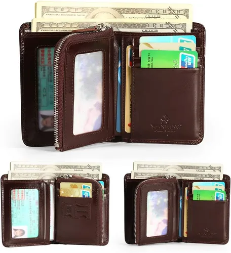 Vista 9 de Billetera para hombre con cremallera de cuero genuino RFID tarjeteros de piel de vaca con cremallera bolsillo para monedas, carteras plegables
