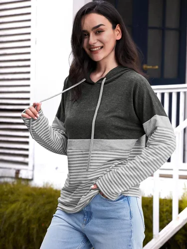 Vista 4 de Butgood Sudaderas con capucha de bloque de color para mujer, sudadera de manga larga, casual, con cordón, a rayas, túnica