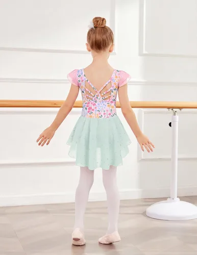 Vista 4 de Arshiner - Malla de ballet con mangas de volantes brillantes y falda con espalda cruzada para niñas Floral rosa aguamarina