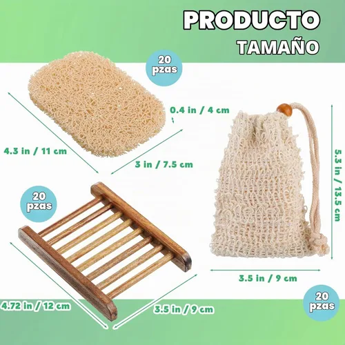 Vista 2 de Juego de 60 piezas de protector de jabón que incluye plato de madera, bolsa exfoliante, almohadillas protectoras a granel con autodrenaje, bolsa
