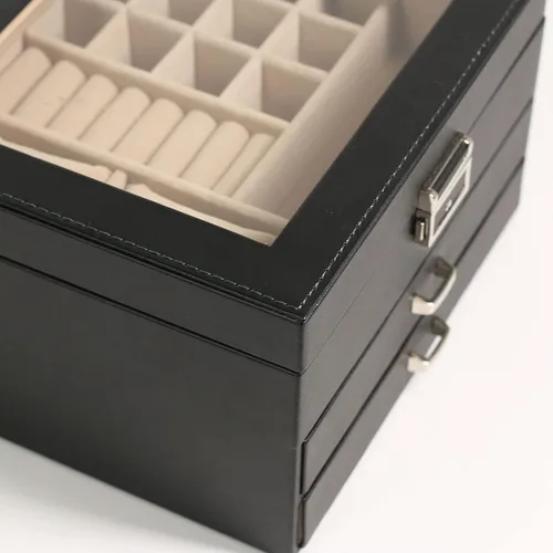 Vista 4 de Ogrmar Joyero de piel sintética de 3 niveles con cerradura para hombres y mujeres, vitrina y organizador con tapa de vidrio transparente