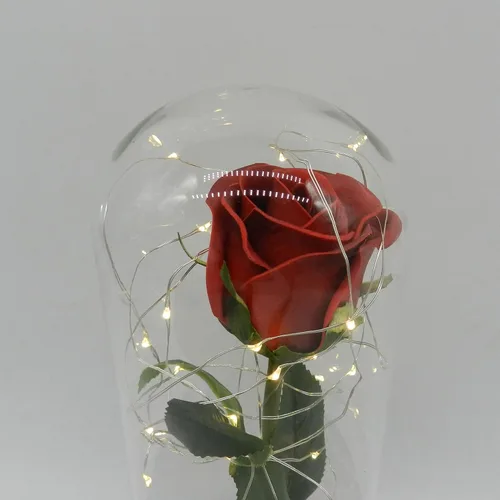 Vista 5 de CVHOMEDECO. Funciona con pilas con temporizador LED iluminado y rosa de poliuretano roja con pétalos caídos en una cúpula de cristal, gran regalo