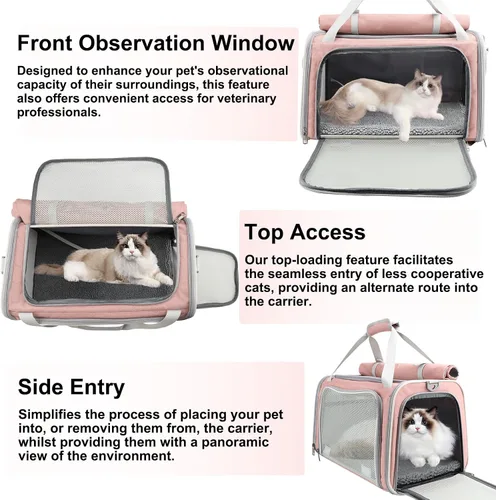 Vista 4 de Texsens Transportador para gatos – Transportador plegable grande para 2 gatos, aprobado por aerolíneas, protección de privacidad (rosa)