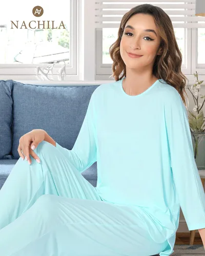 Vista 6 de NACHILA Conjunto de pijama de manga larga para mujer, pantalones largos suaves de bambú con bolsillos, S-XL