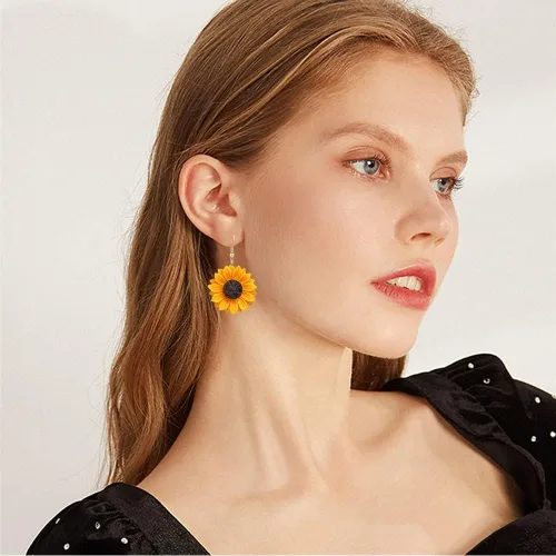 Vista 4 de ANXIN STORE - Colgante único de girasol 3D simple para mujeres y niñas, esmalte amarillo margarita girasol, aretes de personalidad, regalos