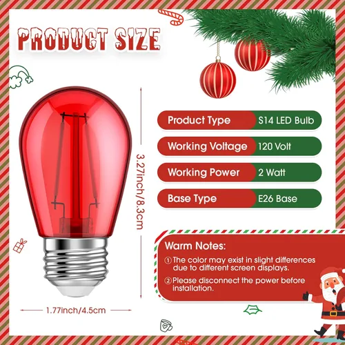 Vista 2 de 25 unidades de bombillas LED S14 rojas y verdes de 2W con base E26, bombillas de Navidad de colores rojo y verde, bombillas de cadena