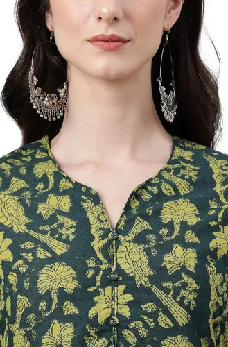 Vista 8 de Janasya Kurta recta de algodón verde oscuro para mujer india