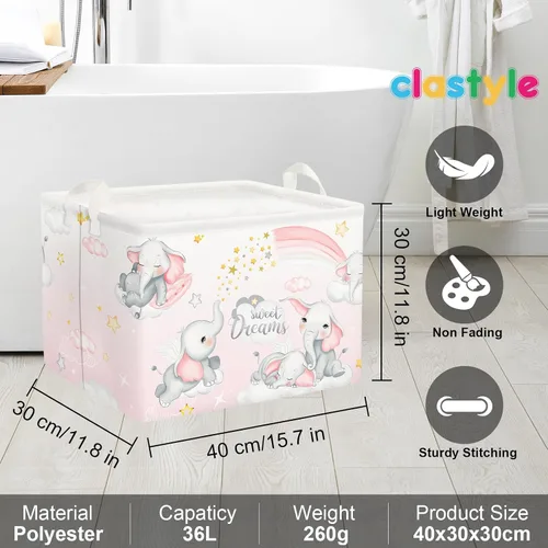 Vista 6 de Clastyle Cesta de almacenamiento rectangular de elefantes durmientes, color rosa, arcoíris, para niñas, con nube, luna, baby shower, ropa