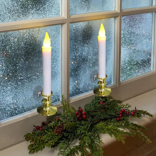 Vista 2 de Velas de ventana con ventosas, cono LED que funciona con pilas, encendido/apagado automático, base dorada extraíble, decoración de luces sin llama