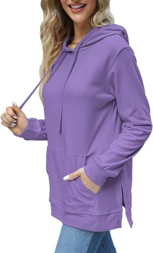 Vista 3 de Beimuc Sudaderas con capucha para mujer, con dobladillo dividido, con cordón, casual, manga larga, con bolsillos