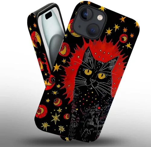 Vista 2 de CARLOCA Funda compatible con iPhone 14, funda de gato negro para iPhone 14, TPU suave + policarbonato duro 2 en 1, funda protectora antiarañazos a