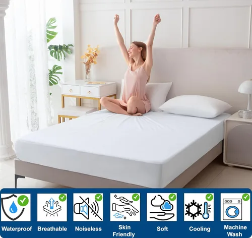 Vista 3 de Protector de colchón de rizo de algodón de alta calidad, 100% impermeable, ultrasuave y transpirable, funda de cama refrescante sin ruido, lavable a