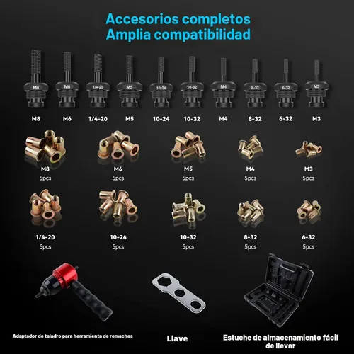 Vista 5 de YUZES Herramienta de Tuerca de Remache Kit de Tuercas de Remache, Adaptador de Pistola de Tuerca de Remache Compatible con Taladro Inalámbrico