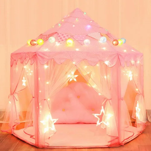 Vista 7 de wilwolfer tienda de campaña tipo castillo de princesa para niñas, tienda de campaña hexagonal grande para jugar, casa de juegos con luces de Rosa