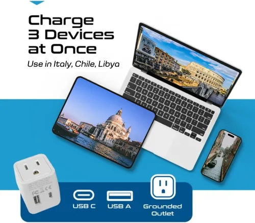 Vista 3 de Adaptador de viaje Ceptics, de EE. UU. a Japón, Filipinas, con doble USB, tipo A, ultra compacto Tipo L - Italia