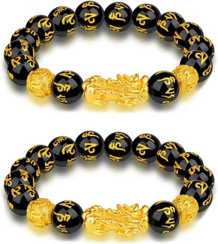 Vista 9 de Pulsera Feng Shui Pixiu de riqueza y suerte, pulseras Pi Xiu de buena suerte, pulsera de obsidiana negra Fengshui para hombres y mujeres, puede