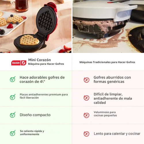 Vista 6 de Dash Mini waflera de corazón, superficie de cocción antiadherente de 4 Corazón rojo