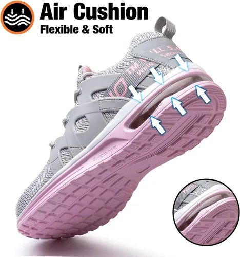 Vista 3 de Kezhiho Zapatos de punta de acero para mujer, con amortiguación de aire, ligeros, cómodos, transpirables, a prueba de pinchazos, antideslizantes