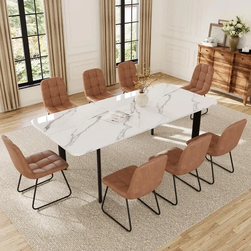 Vista 15 de HIPIHOM Mesa de comedor extensible para 6-8 personas, mesa rectangular de 63 a 78.7 pulgadas, MDF blanco con patas de metal resistentes, ahorro