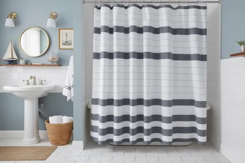 Vista 21 de Serafina Home Cortina de ducha de tela blanca y negra a rayas náuticas: hotel de lujo 100% algodón con tejido decorativo detallado para baño 70 "x