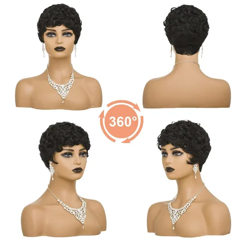 Vista 3 de Pelucas cortas Pixie para mujeres negras, corte Pixie negro natural, pelucas cortas y rizadas afroamericanas, pelo sintético con flequillo