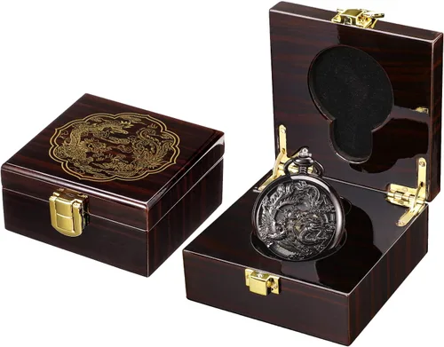 Vista 2 de ManChDa - Reloj de bolsillo mecánico antiguo para hombres Lucky Dragon & Phoenix Retro Skeleton Dial con cadena