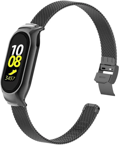 Vista 2 de Correa de reloj de metal compatible con Samsung Galaxy Fit2 SM-R220 de acero inoxidable con marco de bisel protector con diseño de malla