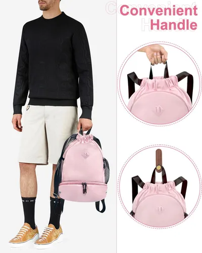 Vista 7 de Mochila de gimnasio con cordón y compartimento para zapatos para hombres y mujeres, bolsa deportiva de cuerda con bolsillo húmedo, bolsa de playa