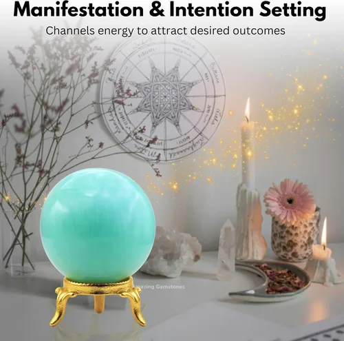 Vista 7 de Amazing Gemstone Bola de cristal de Amazonita con soporte, bolas de meditación de esfera de cristal de 2 pulgadas para brujería y bolas decorativas