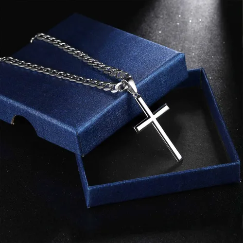Vista 6 de Tungary Collar de cruz de plata de ley 925 para hombres y mujeres, cadena de eslabones cubanos de acero inoxidable de 0.197in para hombres, cadena