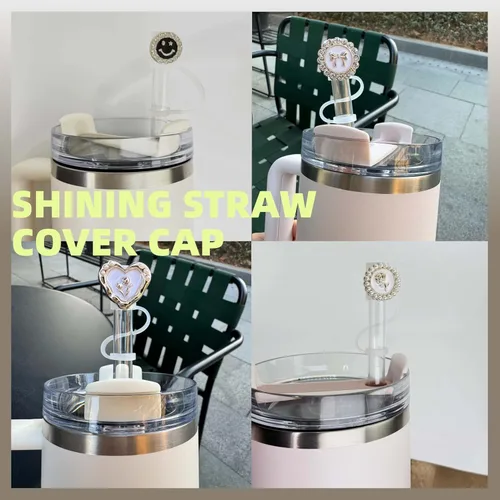 Vista 6 de 6 fundas brillantes de popote para vasos Stanley Cup de 30 y 40 onzas, 0.4 pulgadas, color dorado, negro y blanco, tapas de silicona para vasos