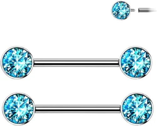 Vista 2 de Pierced Owl - 14G Implant Grade Titanium Internally Threaded Bezel Set Crystal Nipple Barbells, Sold as a Pair Agua