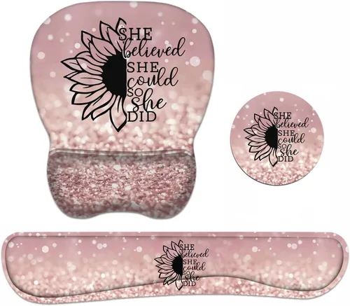 Vista 9 de Juego de almohadilla ergonómica para mouse con soporte de muñeca y teclado con posavasos, base de poliuretano antideslizante, fácil de escribir