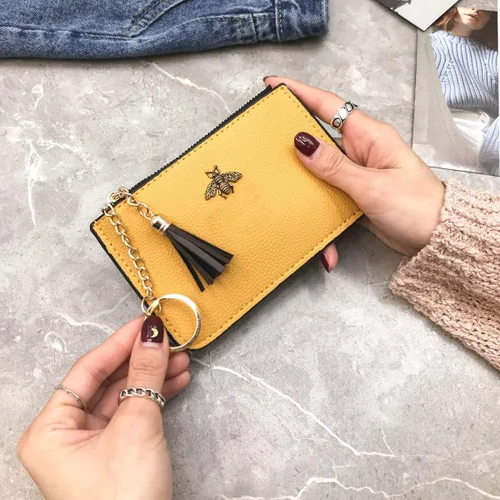 Vista 2 de Monedero Cambio de monedero Cartera de cuero titular de la tarjeta con llavero borla cremallera (amarillo)
