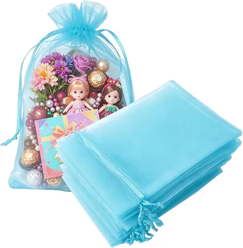 Vista 39 de Juego de 50 bolsas de organza de regalo con cordón azul aguamarina de 4 x 6 pulgadas para baby shower, Navidad, boda, recuerdos de fiesta, despedida