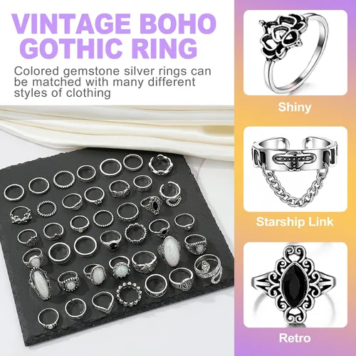 Vista 3 de 42 piezas de juego de anillos de nudillo vintage de plata, anillos góticos alternativos geniales, punk, para mujeres, hombres, anillos ajustables