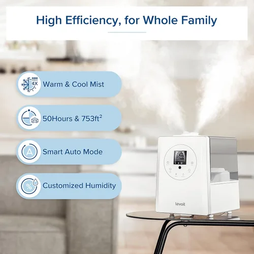 Vista 3 de LEVOIT Humidificadores para dormitorio, habitación grande, hogar, 6L de niebla cálida y fría, vaporizador de aire ultrasónico blanco y paquete de 10
