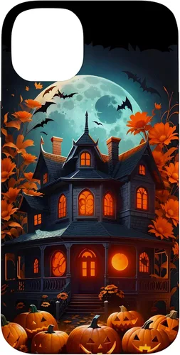 Vista 15 de iPhone 16 Halloween Spooky Haunted House Bats & Carved Pumpkins Case