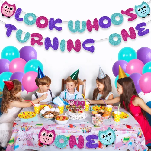 Vista 5 de Decoraciones de fiesta de primer cumpleaños de búho de dibujos animados para niños y niñas con Look Who's Turning One, globo de látex, decoración