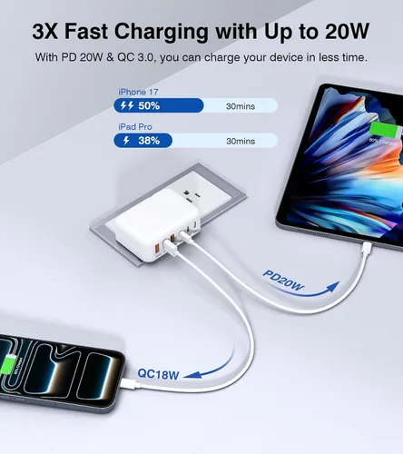 Vista 3 de Bloque de cargador rápido USB de 100W, concentrador de estación de carga rápida de 6 puertos GaN USB plano Multiple USB C Wall Charger Plug