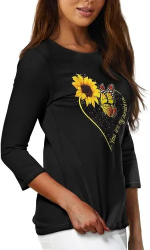 Vista 2 de DISNIMO Camiseta de primavera verano otoño para mujer, manga 34, casual, blusas, entrenamiento, yoga, tallas S-2XL