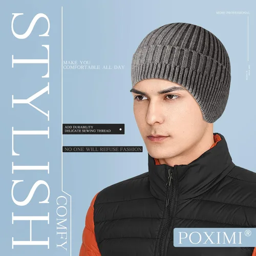 Vista 5 de POXIMI Gorro de punto para hombre, con orejera, para invierno, de lana, cálido, con calavera, con calentador de orejas