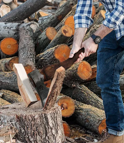 Vista 4 de Hacha de camping – Hacha de corte de 21 pulgadas para división de madera y leña, acero 1055 de alto carbono y mango de madera de haya, con funda