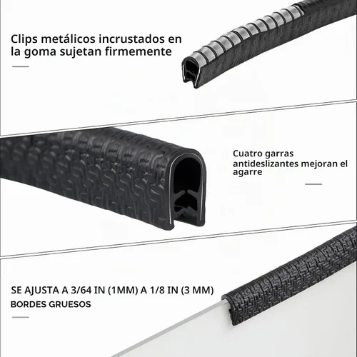 Vista 3 de Protector de borde de goma de 10 pies/3 m, protector de borde de puerta sin adhesivo, tira de sello de borde en forma de U con clips de metal