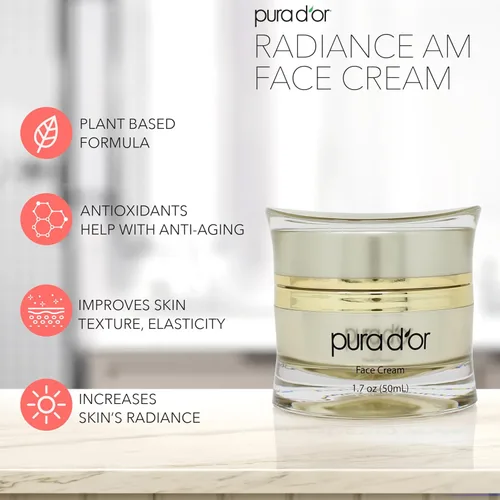 Vista 4 de PURA D'OR Crema facial Radiant Glow AM de 1.7 onzas, azul de metileno, polifenoles, flavonoides, extracto de células madre de manzana, hidratante