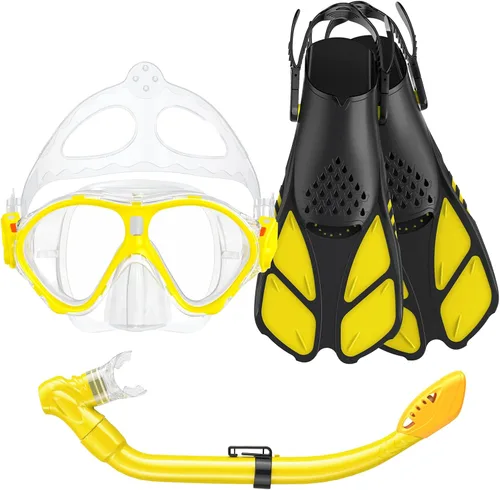 Vista 9 de Seovediary Juego de esnórquel para niños, máscara, aletas, equipo de esnórquel para niños, gafas de natación antiniebla con vista panorámica de 180