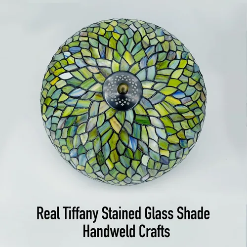 Vista 3 de Lámpara de techo Tiffany con vidrieras verdes de glicinia, montaje semi empotrado, lámpara amplia de 16 pulgadas de ancho y 15 pulgadas de altura