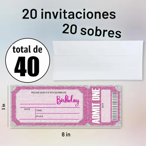 Vista 2 de Invitaciones de cumpleaños de 3 x 8 pulgadas – 20 tarjetas de invitación con purpurina rosa con 20 sobres – Boletos VIP estilo relleno de doble cara